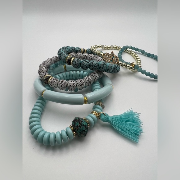 Blue Boho Chic Bead Bracelet Set - Trendy Stylish Stacked Bracelet Set - Picture 10 of 14